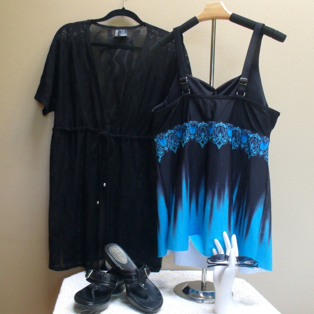 Hanna Nikole Black Turquoise Blue Tankini Top Sz 18W - Picture 3 of 11